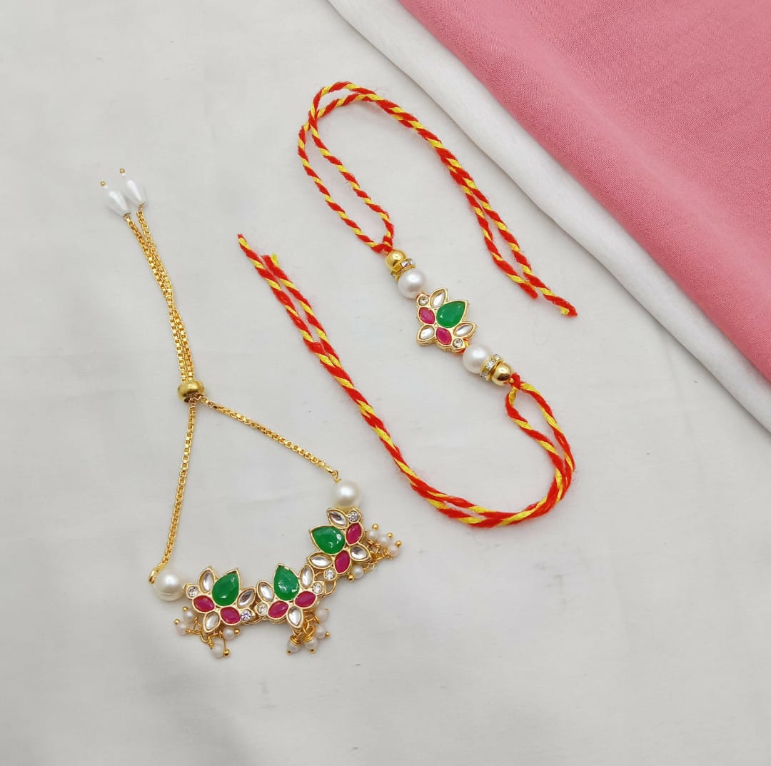 Traditional Golden-Plated Bhaiya Bhabhi Rakhi Set – Floral Kundan Rakhi for Brother & Matching Lumba Bracelet for Bhabhi