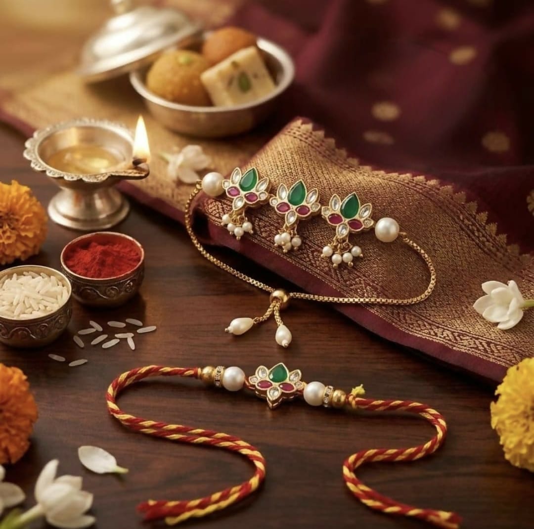Traditional Golden-Plated Bhaiya Bhabhi Rakhi Set – Floral Kundan Rakhi for Brother & Matching Lumba Bracelet for Bhabhi