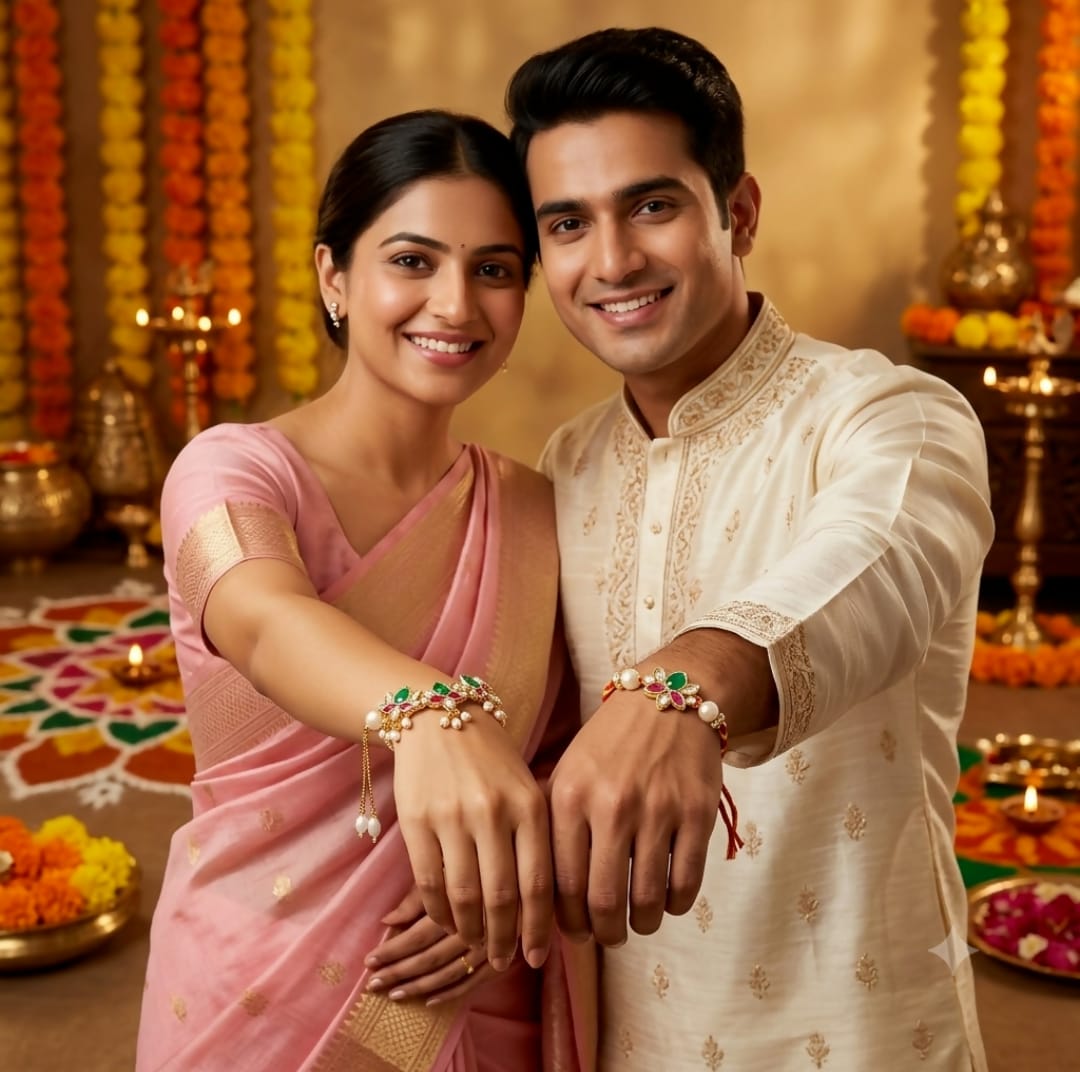 Traditional Golden-Plated Bhaiya Bhabhi Rakhi Set – Floral Kundan Rakhi for Brother & Matching Lumba Bracelet for Bhabhi