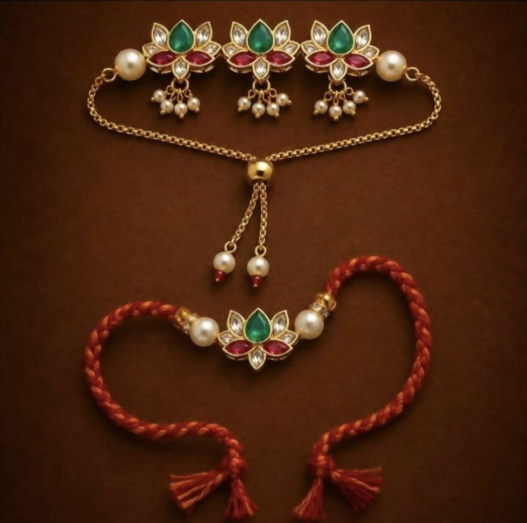 Traditional Golden-Plated Bhaiya Bhabhi Rakhi Set – Floral Kundan Rakhi for Brother & Matching Lumba Bracelet for Bhabhi