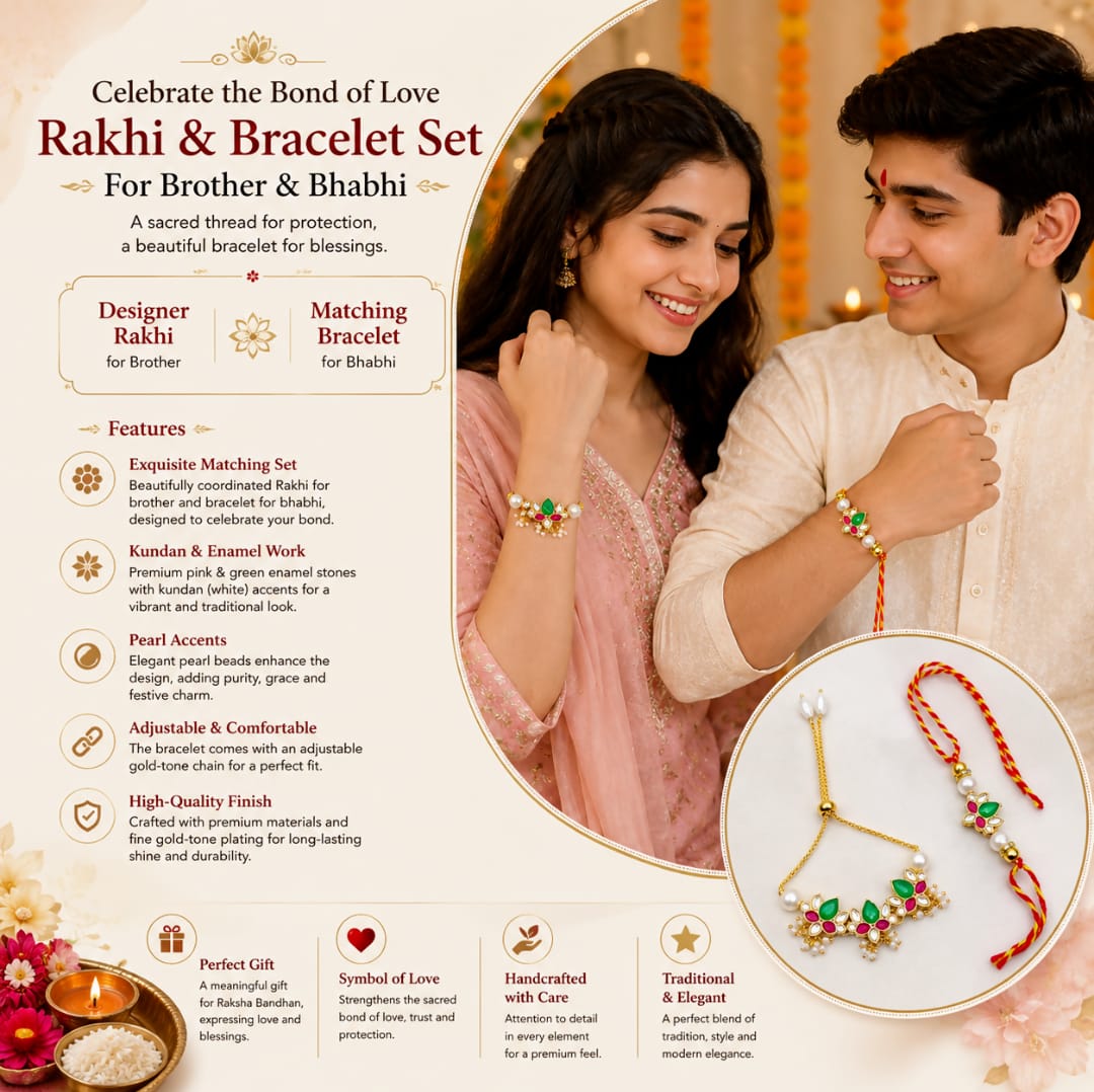 Traditional Golden-Plated Bhaiya Bhabhi Rakhi Set – Floral Kundan Rakhi for Brother & Matching Lumba Bracelet for Bhabhi