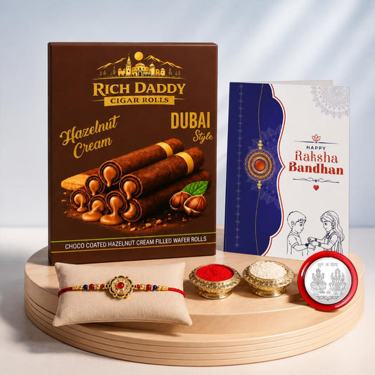 Rakhi Gift Combo – Floral Rakhi & Hazelnut Wafer Rolls (Pack of 5)