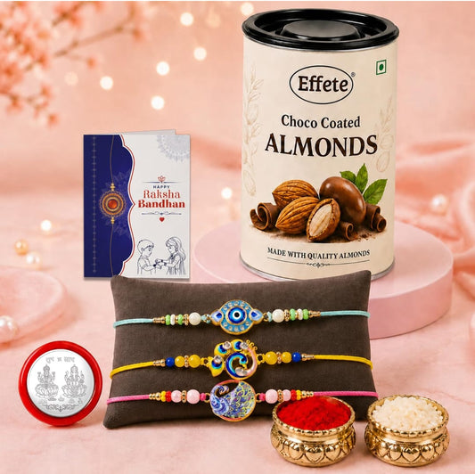 Raksha Bandhan Gift Combo - Evil Eye Bird Rakhi with Choco Almonds 96gm