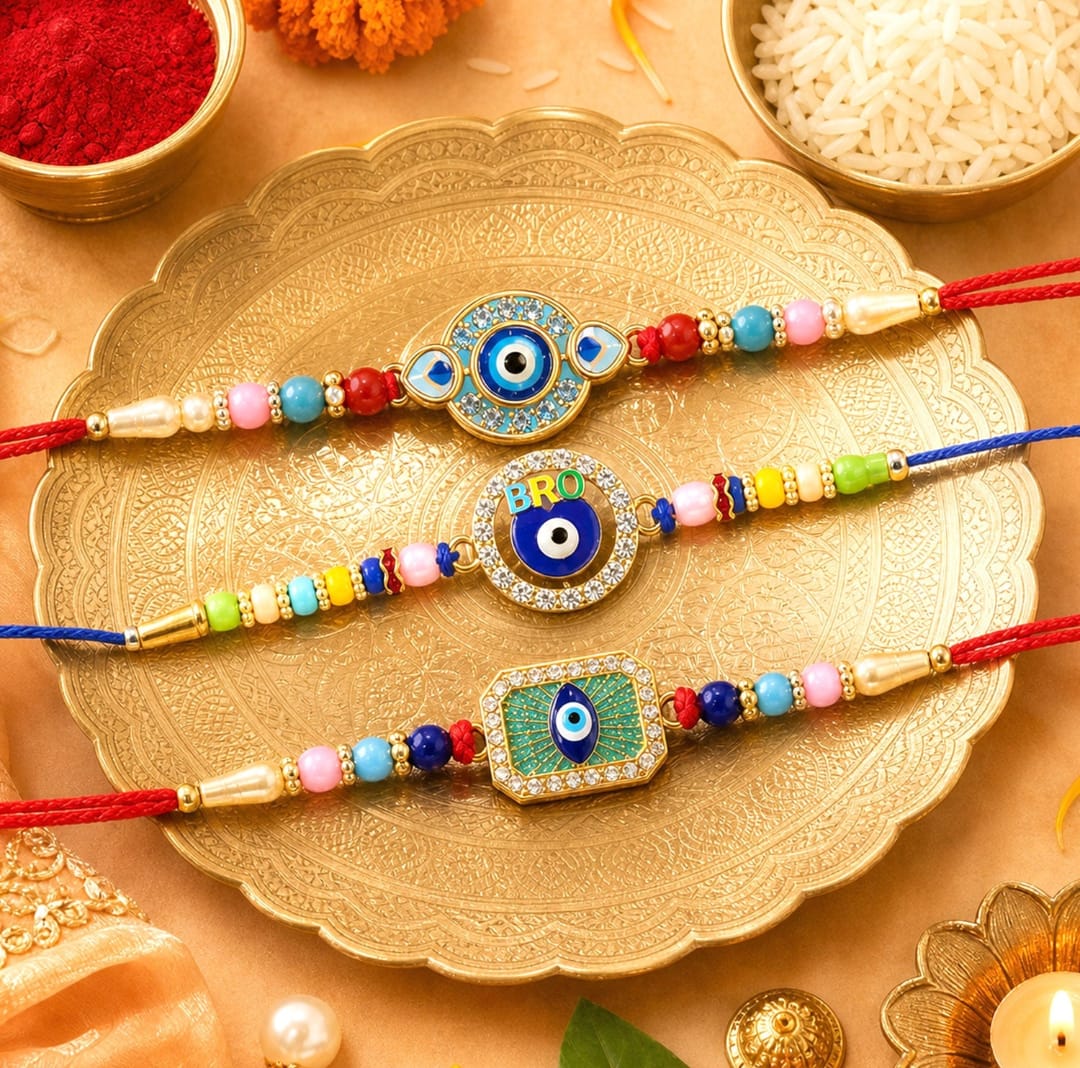 Evil Eye Beaded Rakhi with Protective Motif Design (3 Pc)