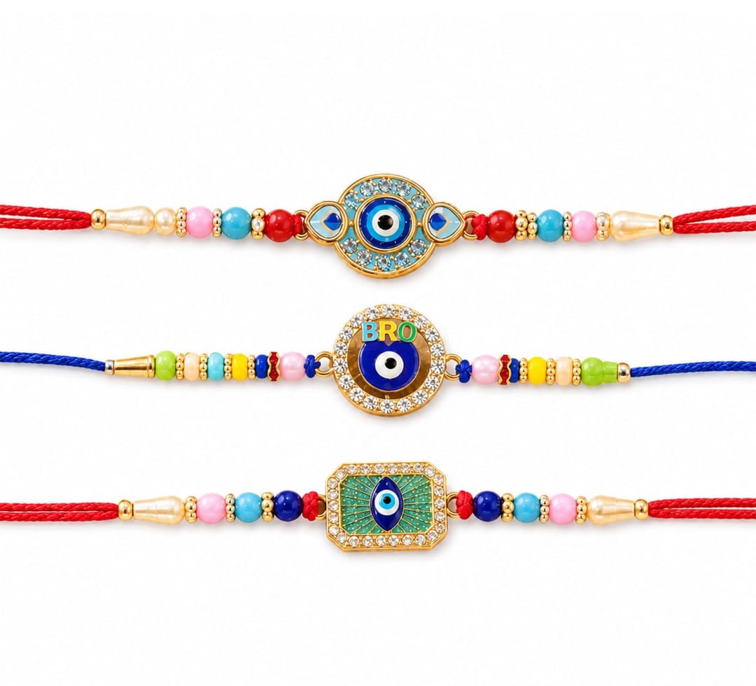 Evil Eye Beaded Rakhi with Protective Motif Design (3 Pc)