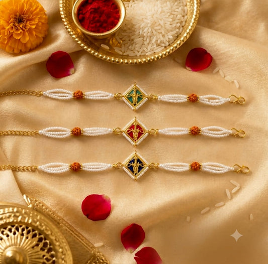 Kundan Meenakari Rakhi Set – Multicolor Rudraksha & Pearl