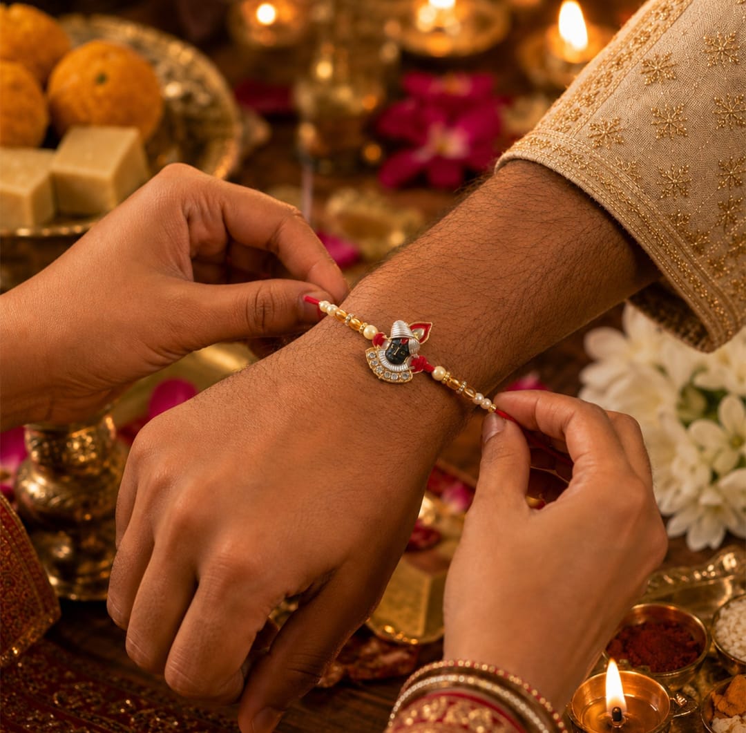 Designer Pearl Rakhi for Brothers Festive Red Thread