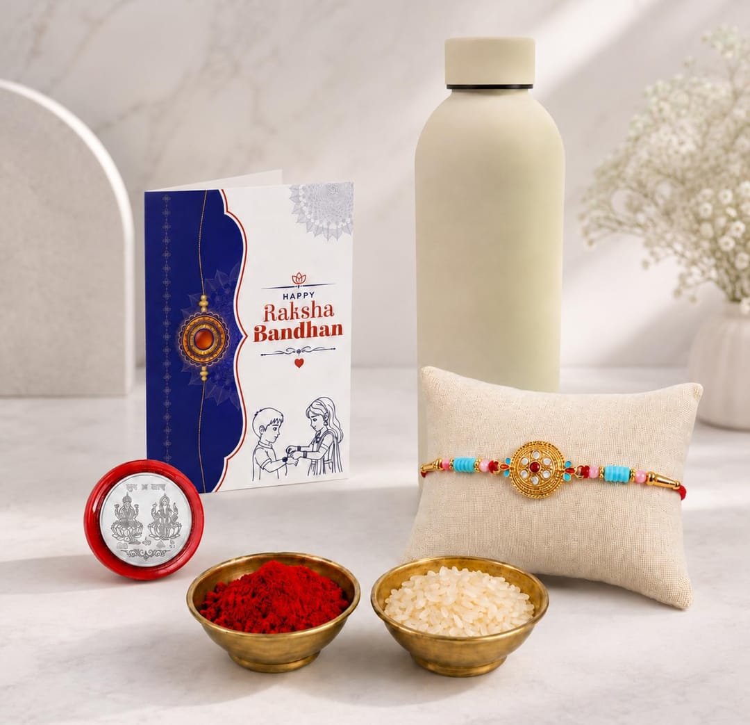 Kundan Rakhi Gift Combo with SS Water Bottle 500ml, Pack of 5