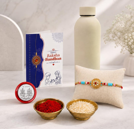 Kundan Rakhi Gift Combo with SS Water Bottle 500ml, Pack of 5