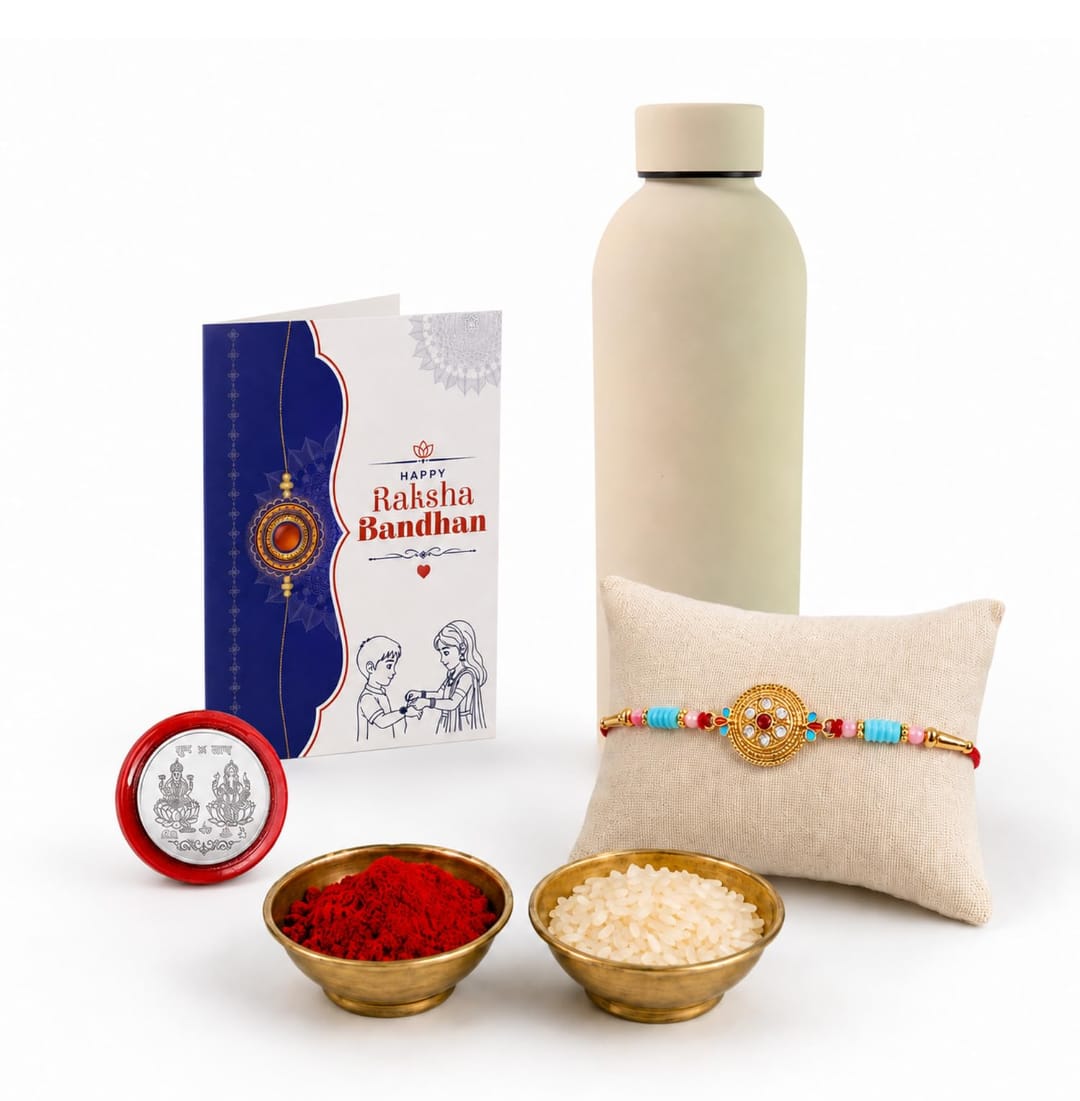 Kundan Rakhi Gift Combo with SS Water Bottle 500ml, Pack of 5