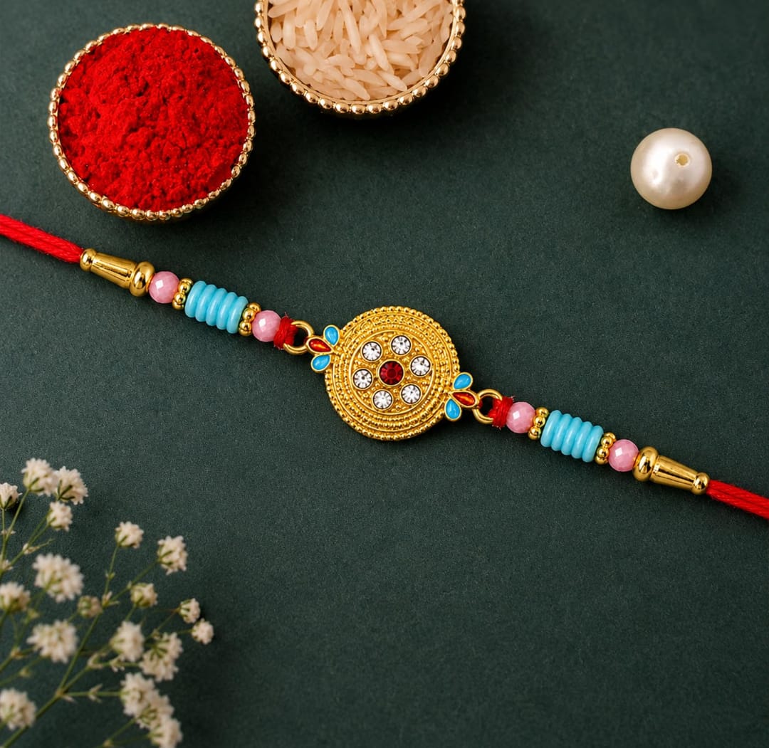 Kundan Rakhi Gift Combo with SS Water Bottle 500ml, Pack of 5