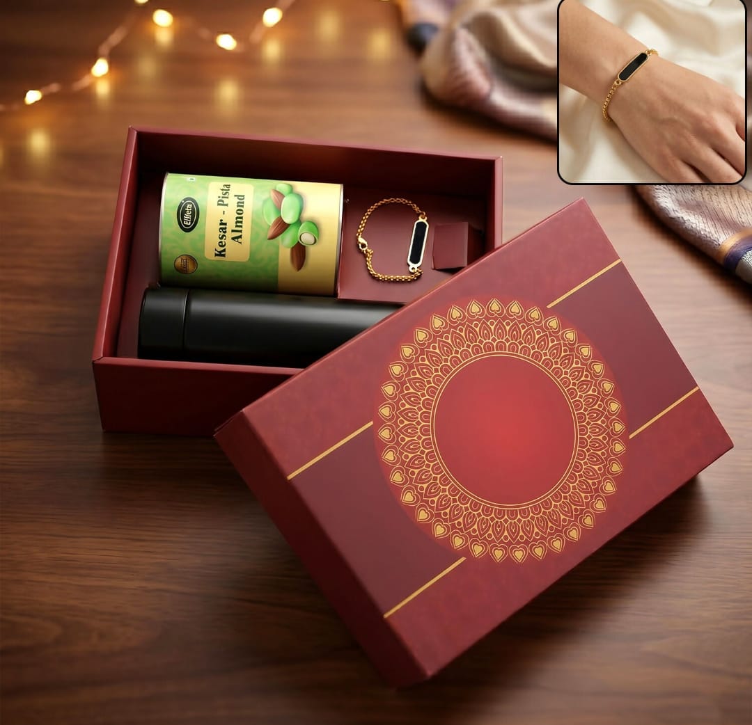 Rakhi – Elegant Customize Premium Gift with Chocolate & Bottle