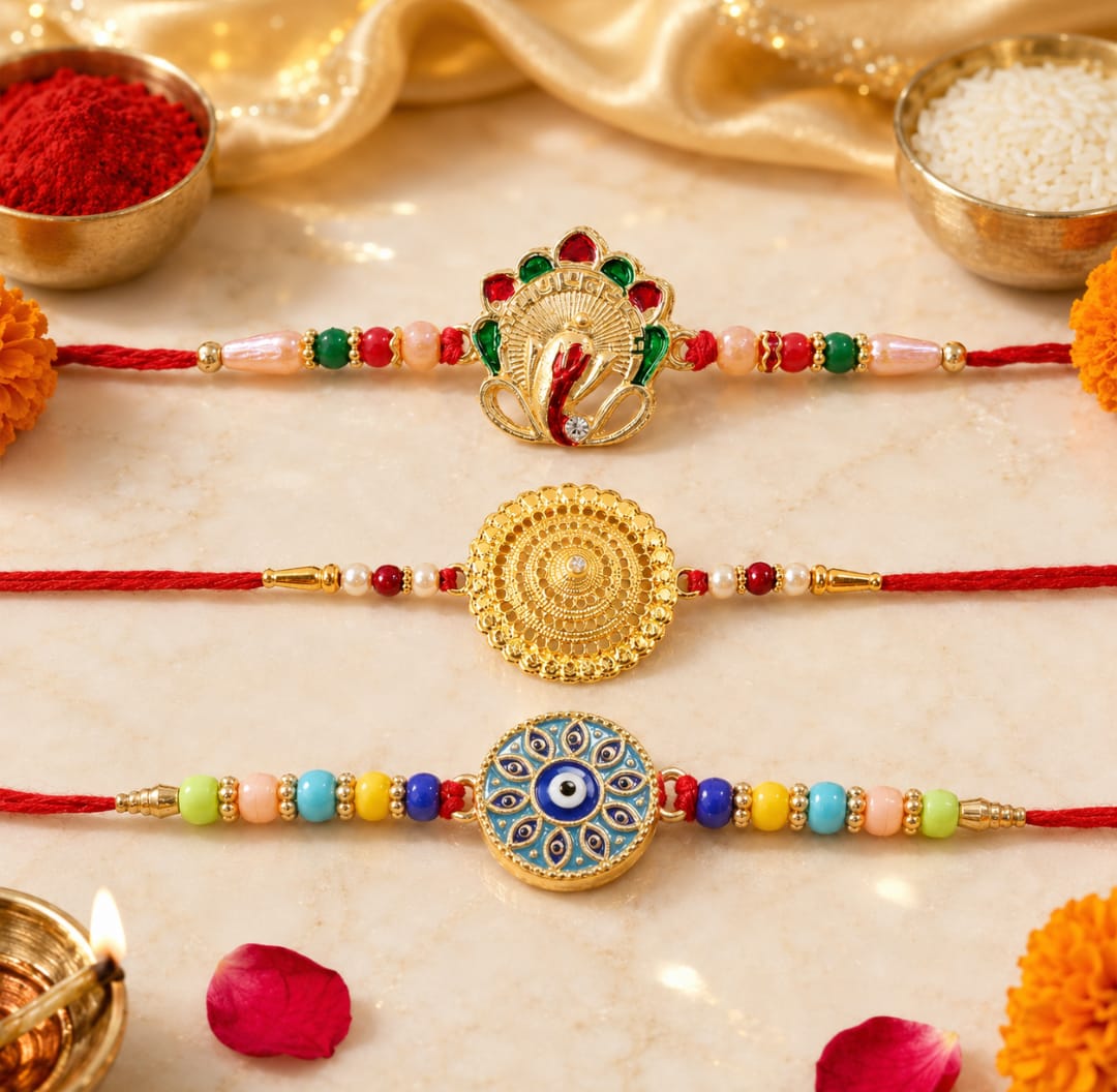 Evil Eye Mandala Round, Golden Flower & Sacred Om Ganesha Rakhi for Brother (3 Pc)