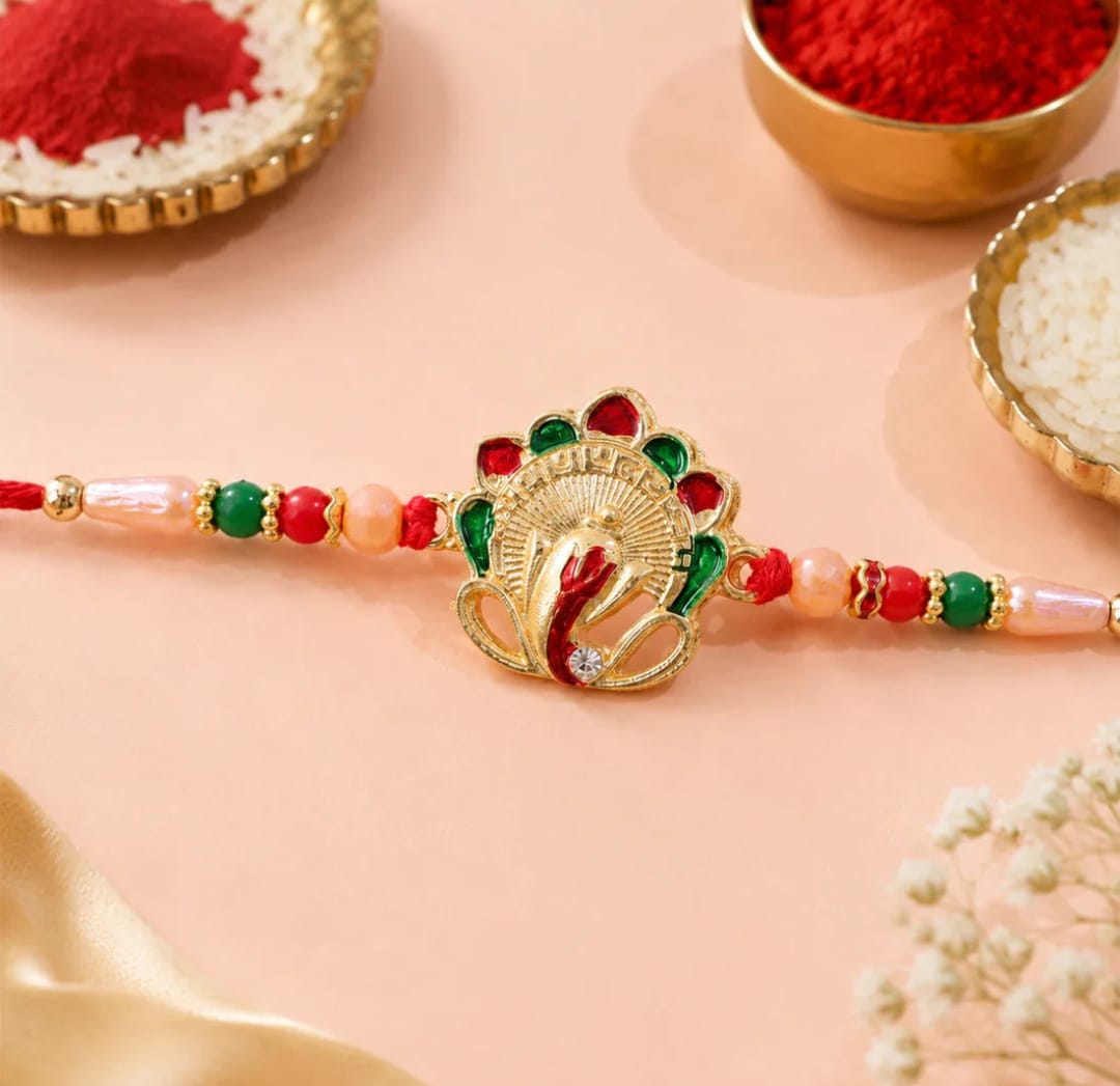 Evil Eye Mandala Round, Golden Flower & Sacred Om Ganesha Rakhi for Brother (3 Pc)