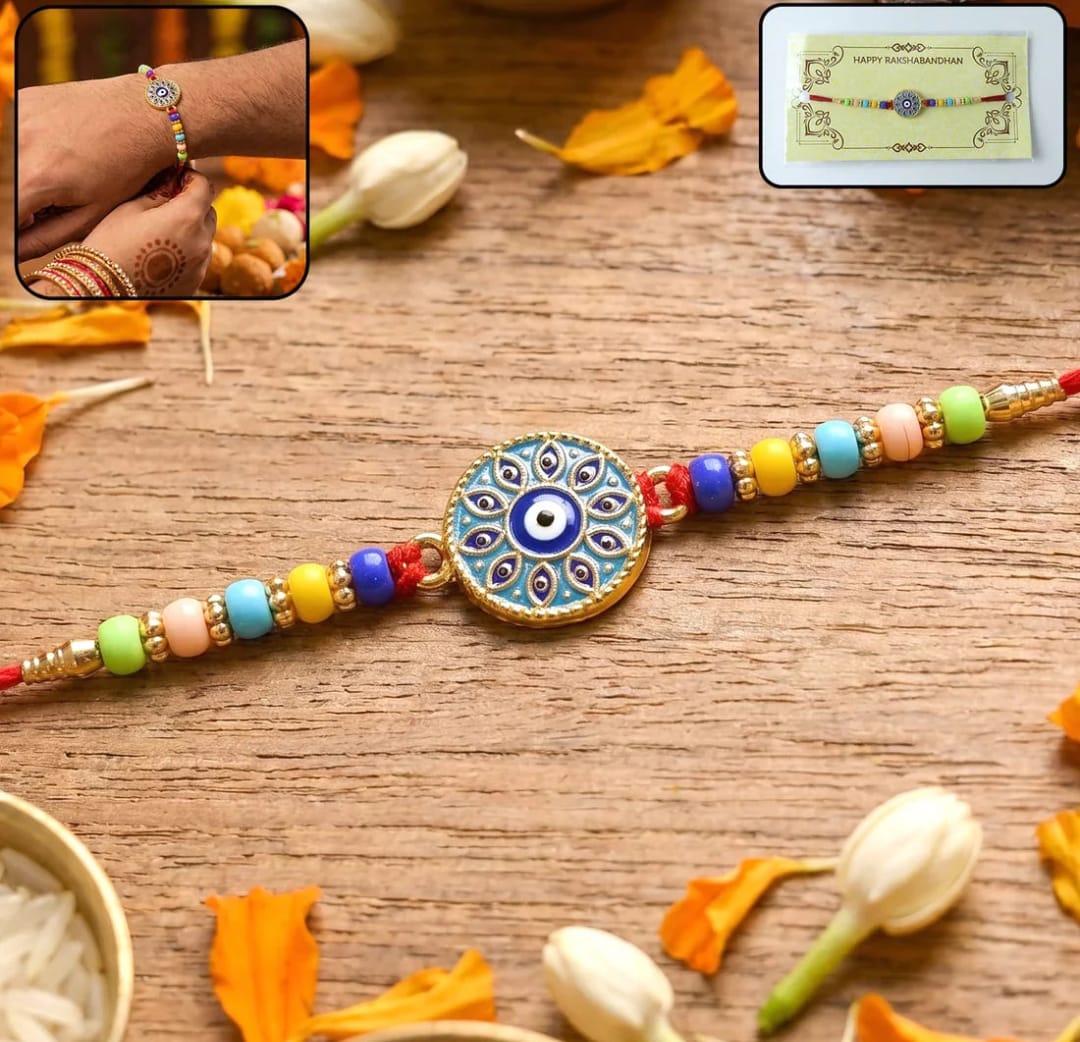 Evil Eye Mandala Round, Golden Flower & Sacred Om Ganesha Rakhi for Brother (3 Pc)