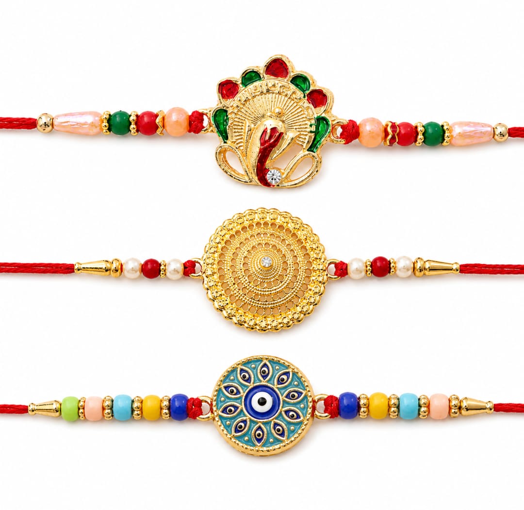Evil Eye Mandala Round, Golden Flower & Sacred Om Ganesha Rakhi for Brother (3 Pc)