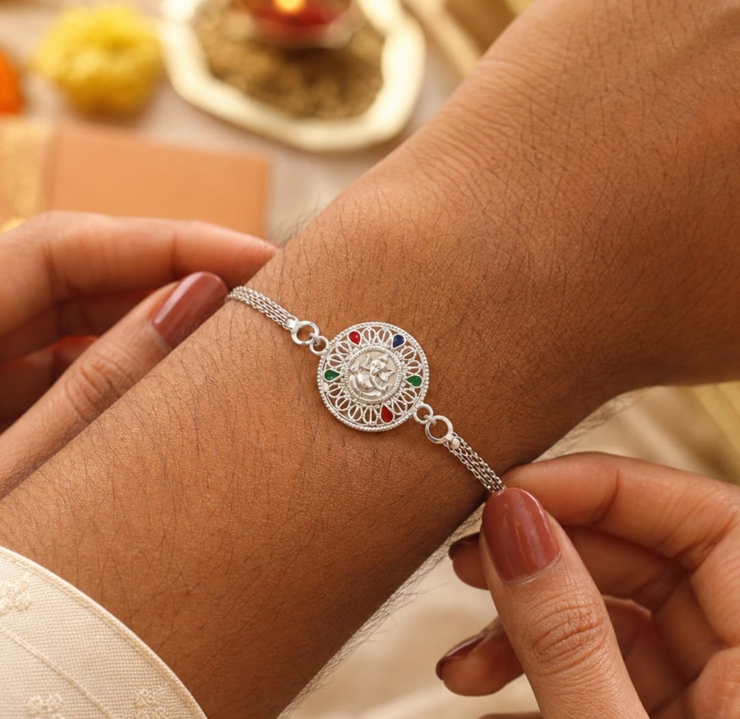 Rakhi – Elegant Silver Ganesh Design for Raksha Bandhan