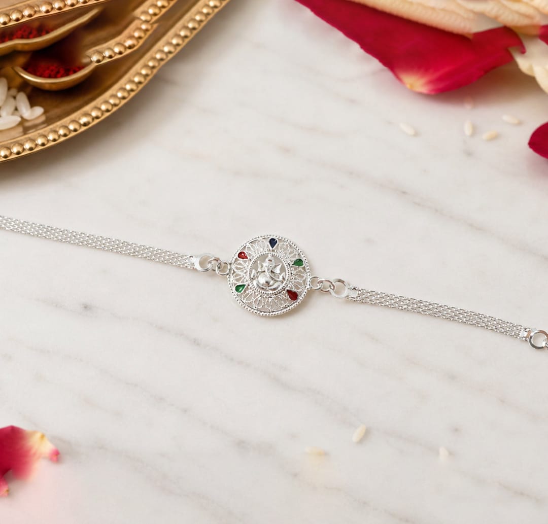 Rakhi – Elegant Silver Ganesh Design for Raksha Bandhan