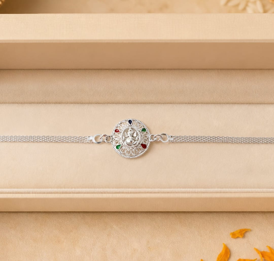 Rakhi – Elegant Silver Ganesh Design for Raksha Bandhan